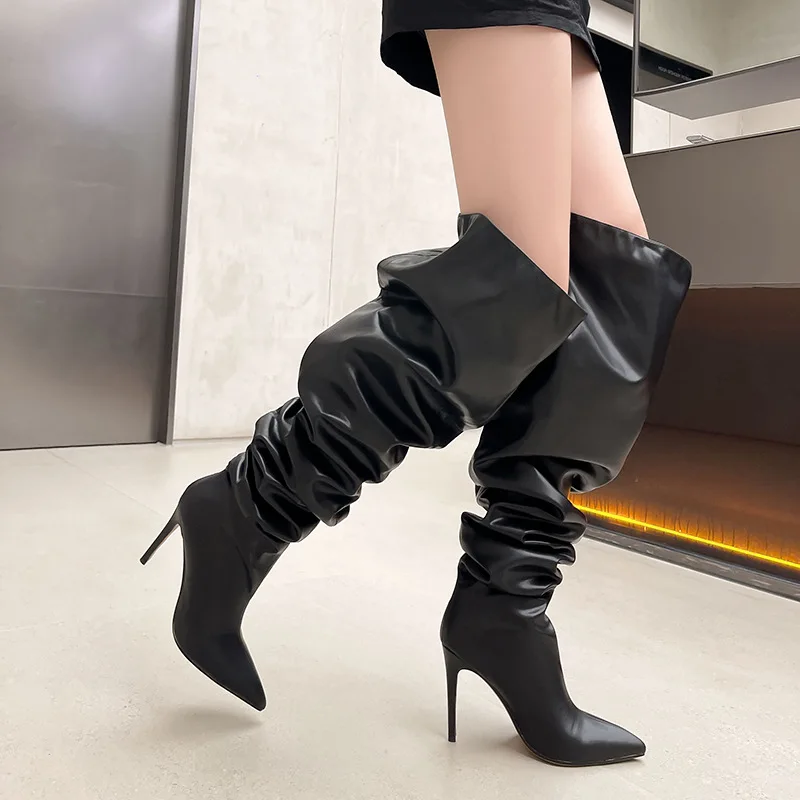 High Quality Women Wide Fit Pointed Toe Ladies Fashion Fold Over Leather Thigh High Boot - Image 5
