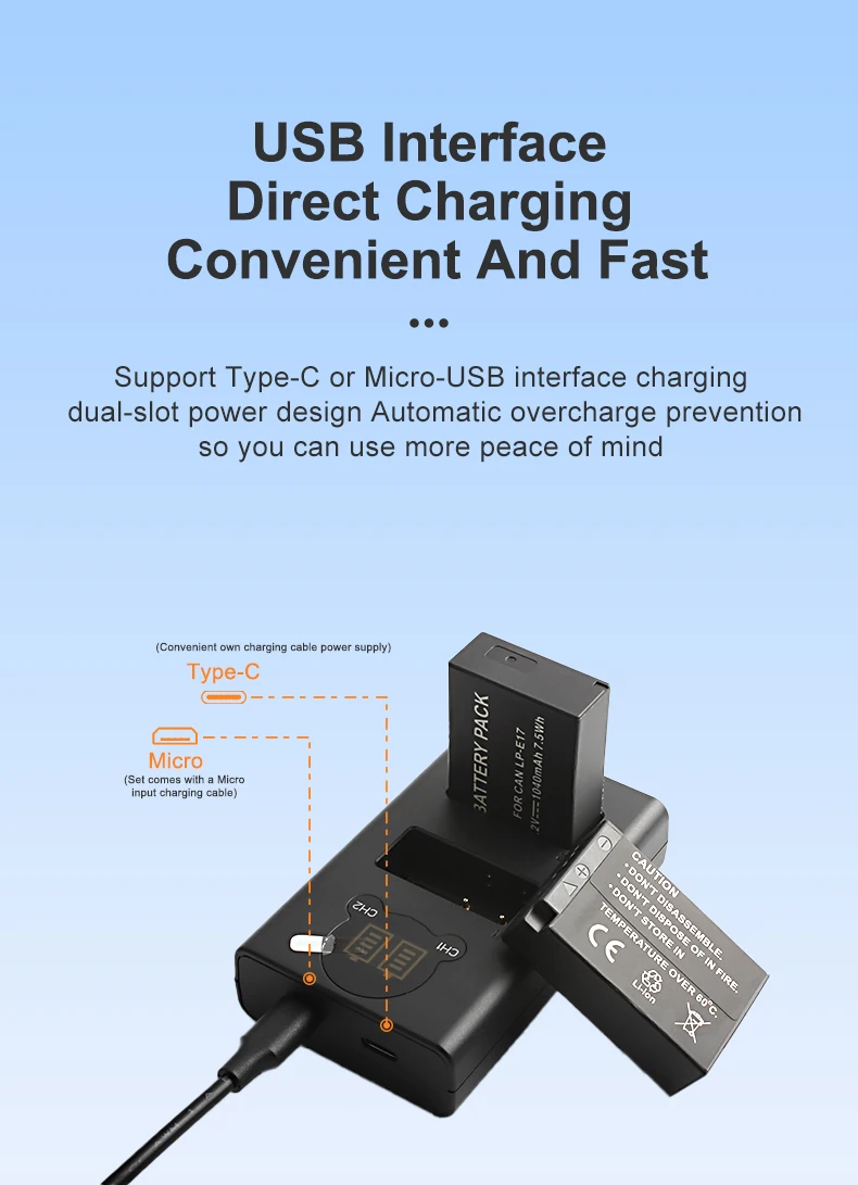 RingTeam LP-E17 LP E17 Small LCD Display Battery Dual Charger With Micro TYPE-C For Canon 750D 800D 77D Camera details