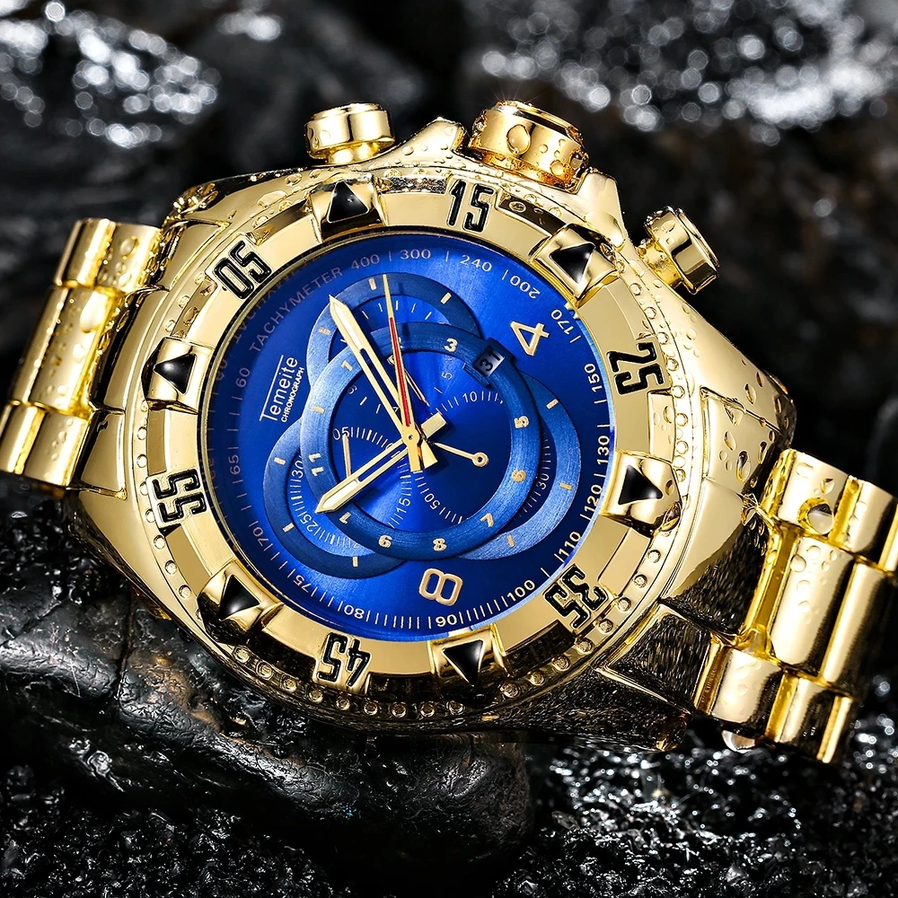 2021TEMEITE hot Fashion Quartz Watch Men 3D Blue Dial Stainless Steel Strap Top Brand Luxury Golden Big Dial Wrist Watches Alibaba