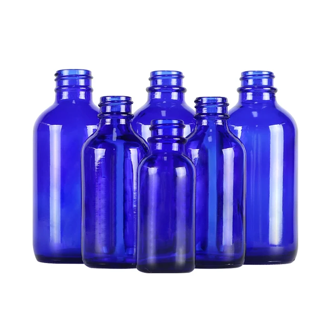 Wholesale 15ml-100ml Blue Amber Boston round Glass Oil Bottles Cosmetic Use with Screw Caps and Dropper