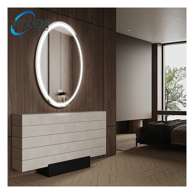 HIXEN frameless anti-fog Bluetooth frameless hotel bathroom LED oval touch screen smart mirror
