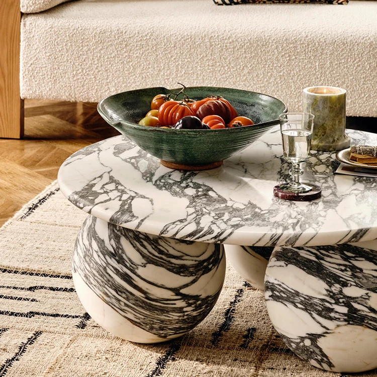 Living Room Modern Design Three Sphere Balls Base Marble Round Luxury White Marble Top Coffee Table