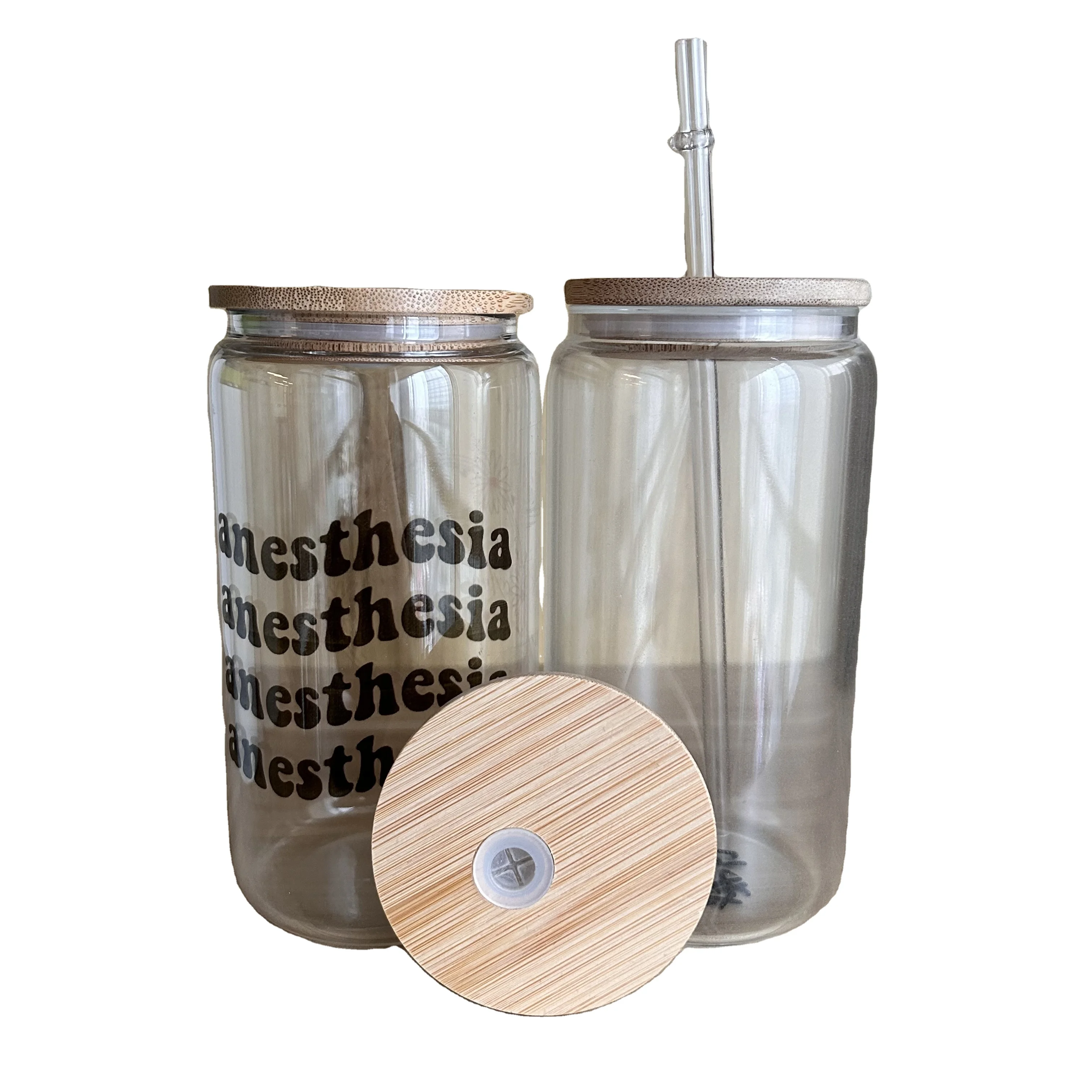Iced Coffee Glass Mug with Bamboo Lid and Straw, 16oz Beer Can