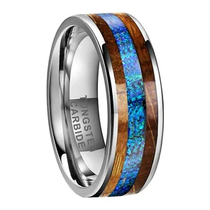 Coolstyle Jewelry 8mm Blue Opal Whisky Barrel Wood Inlay Tungsten Carbide Ring for Men Women Fasion Wedding Band Comfort Fit