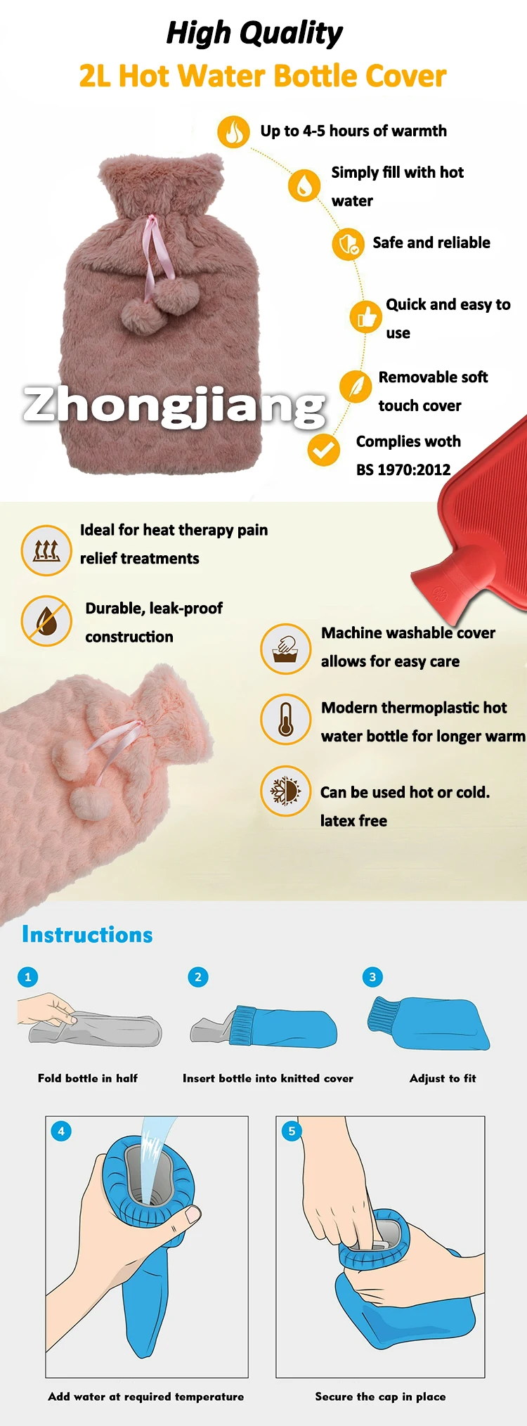 hot selling manufacture winter warm custom logo 2000ml rubber pvc hot water bottle bag plush cover