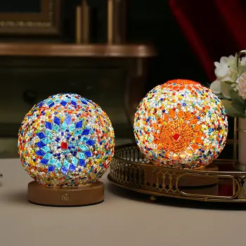 Mosaic Glass Decorative Table Lamp Wooden Base USB Plug-in Three-color Infinitely Dimmable Bohemian Night Light