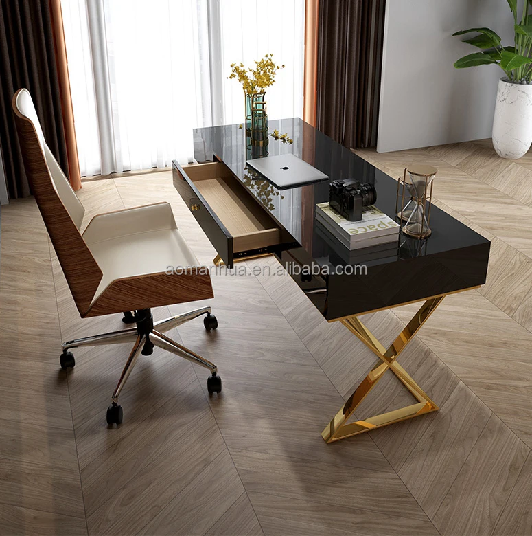 Nordic Glossy Reading Table Bedroom Computer Desk Stainless Steel Legs Home Furniture