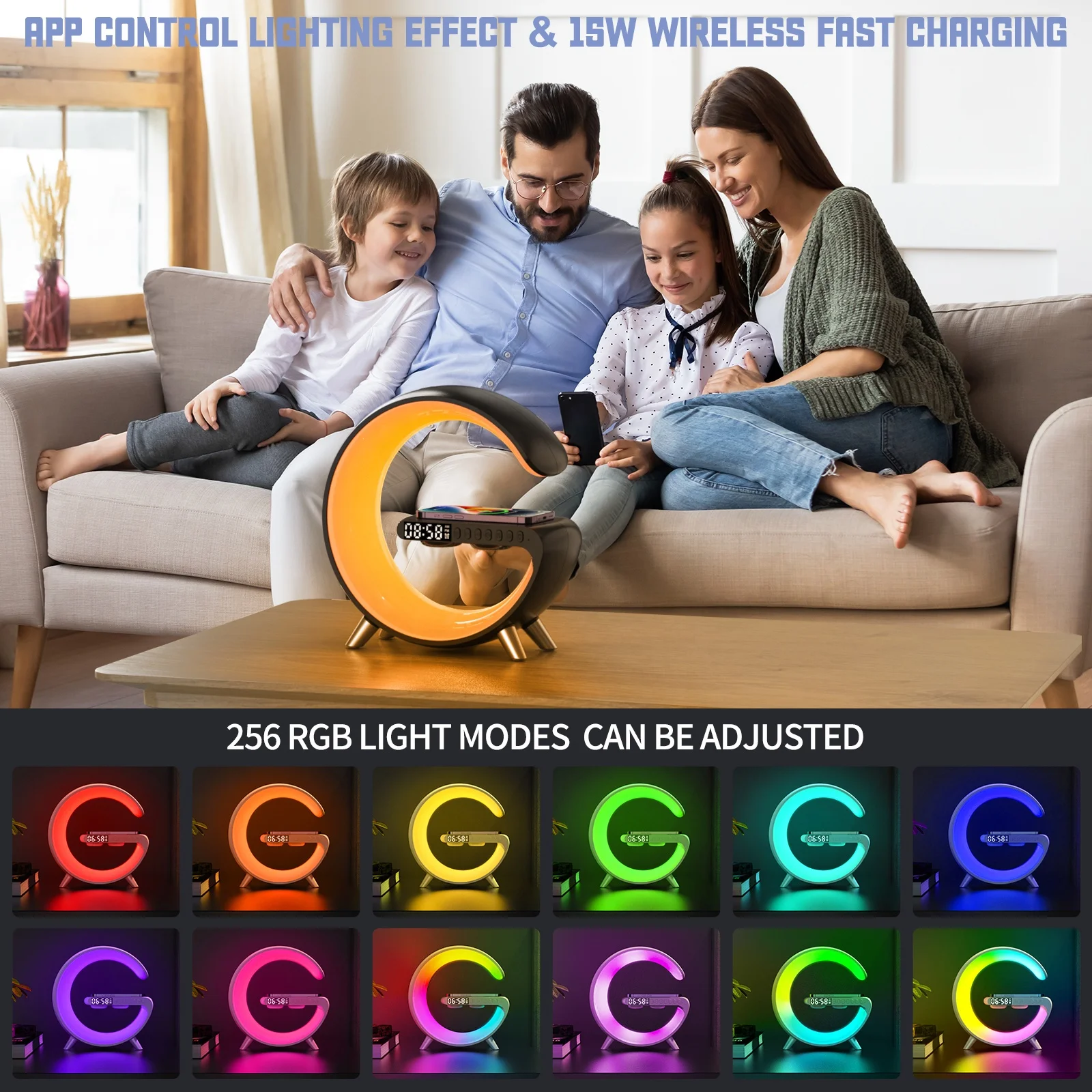 G Shaped Night Light Multifunctional App Control Wireless Charger Stand Smart Speakers  Alarm Clock RGB Wake up Table Lamp