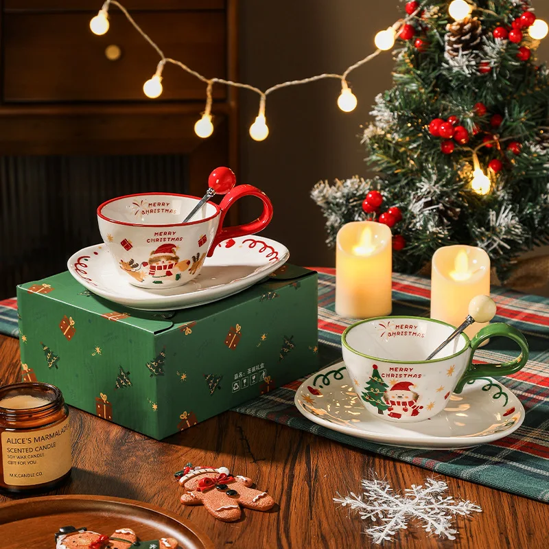 Christmas ceramic decorative cup with handle couple gift water cup flower coffee cup and saucer