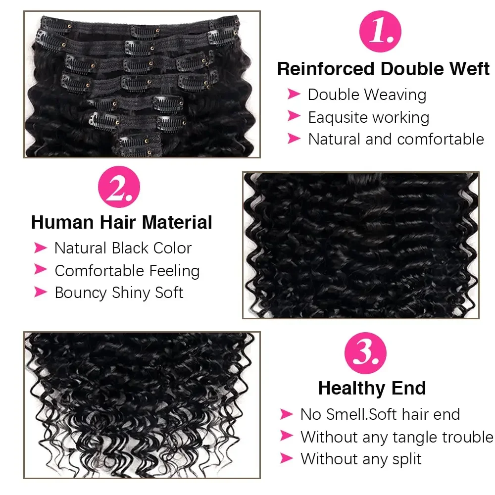 Extension per capelli umani con clip ondulate e ricci, 8 pezzi, 120 g/set, colore naturale_voghion.com