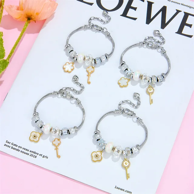 High quality silver plated adjustable flower key charm bracelet large hole beads cross pendant bracelet for women