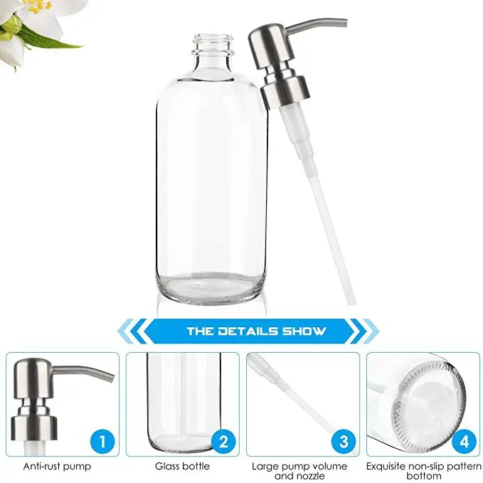 Hot sale 16oz Black and White Luxury Boston Round Shampoo Foaming Hand Dish Soap Dispenser Glass Bottle with Pump