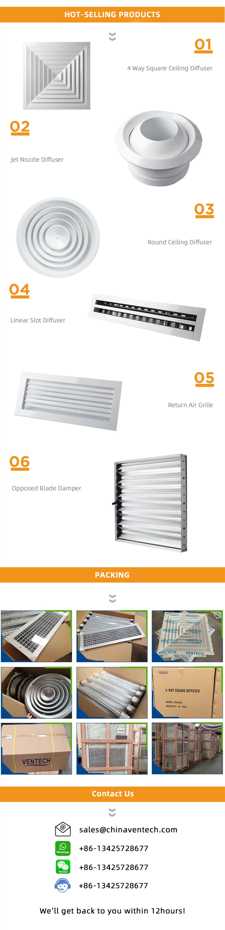 Clip Square Diffuser Aluminum Air Conditioning Ceiling Diffusers