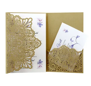 Custom Paper Craft Laser Cut Hollow Rose Pocket Wedding Invitations with Innert Printing Rsvp Card