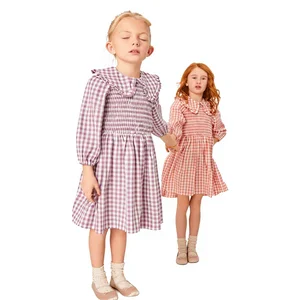 Custom Casual Plaid Cotton Long Sleeve Smocked Dresses for Girls Matching Sister Outfits for Spring and Autumn