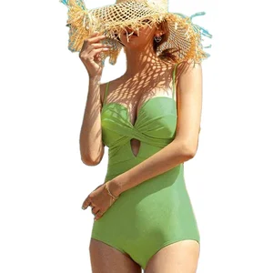 2023 OEM New Fashion Women's Solid Color Fresh One-piece Swimsuit Women's Pure One-piece Swimwear Beach Hot Spring Bathing Suit