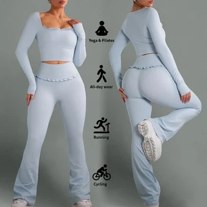 MIQI Custom 2 Pieces Long Sleeve Sports Fitness Top Gym Pants High Waisted Workout Pants Women Yoga Sets