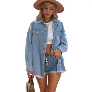Autumn/winter 2021 Solid Color Breasted Denim Jacket Large Pockets Casual Women