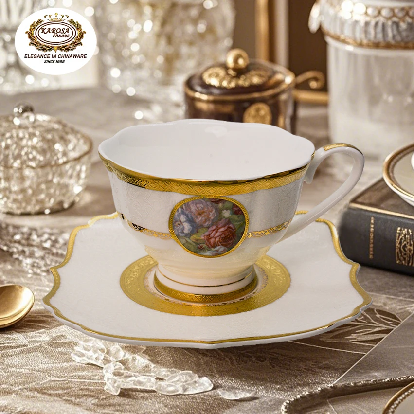 2pcs Royal Bone China Porcelain Ceramic Elegant Roses Gold Luxury Tea Coffee Tea Cup & Saucer Set for Wedding Hotel Cafe Store