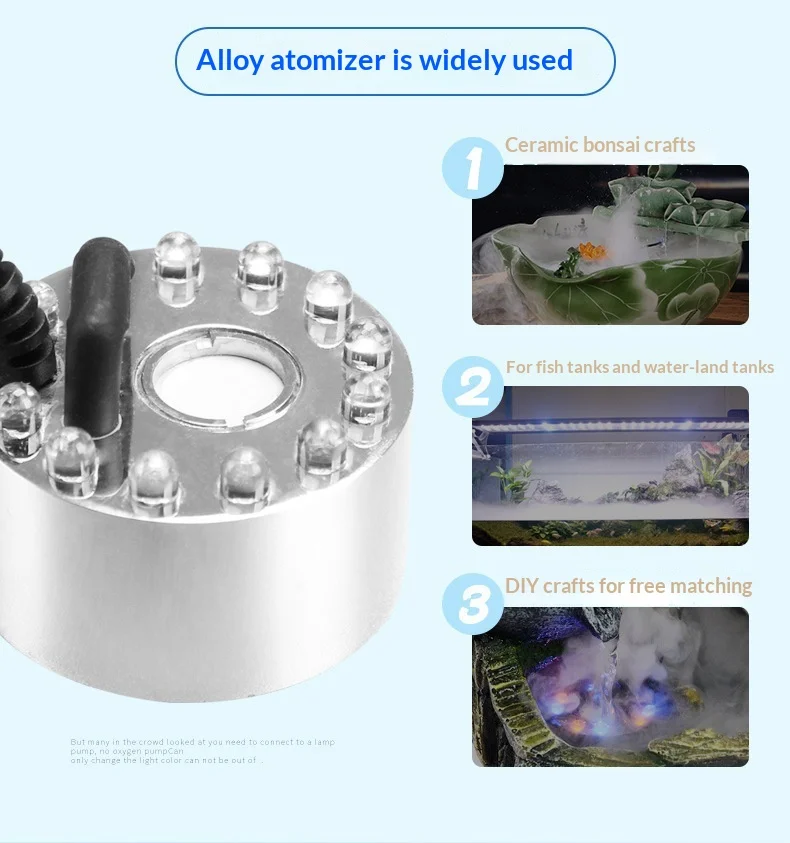 2026 Alloy Atomizer Mist Maker with 3-Color LED Auto Shut-Off Submersible Fountain Pump for Fish Tank Aquarium Landscape Decor product detail 2
