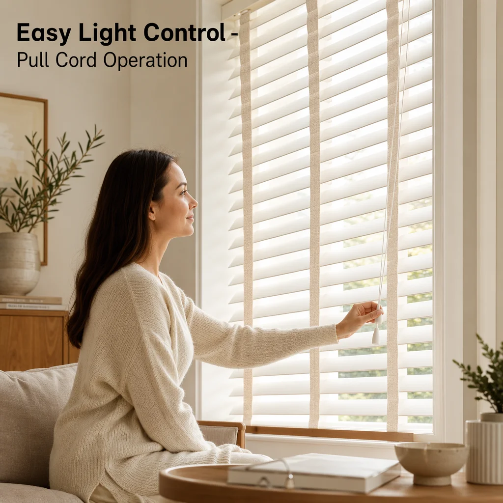 Wood Venetian Blinds 50mm Slats Painted White Horizontal Simple Wide Ladder Tape Pull Cord Paulownia Custom Size Living Room OEM