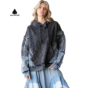 Custom Manufacturers Acid Wash Denim Patchwork Oversized Boxy Hoodie Distressed Tears Unisex High Quality Hoodie with Hood