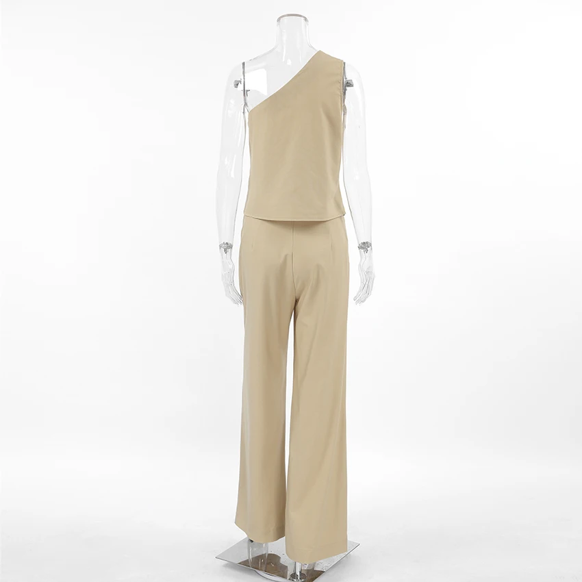 Khaki Two-Piece Set with Asymmetrical Top and Loose Pants