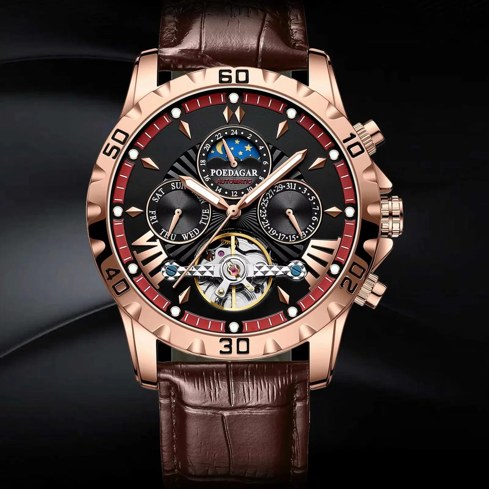 POEDAGAR 1410 Mechanical Business Waterproof Sport Watches Tourbillon Watch  Leather Strap Relogio Masculino Men Wristwatch Clock