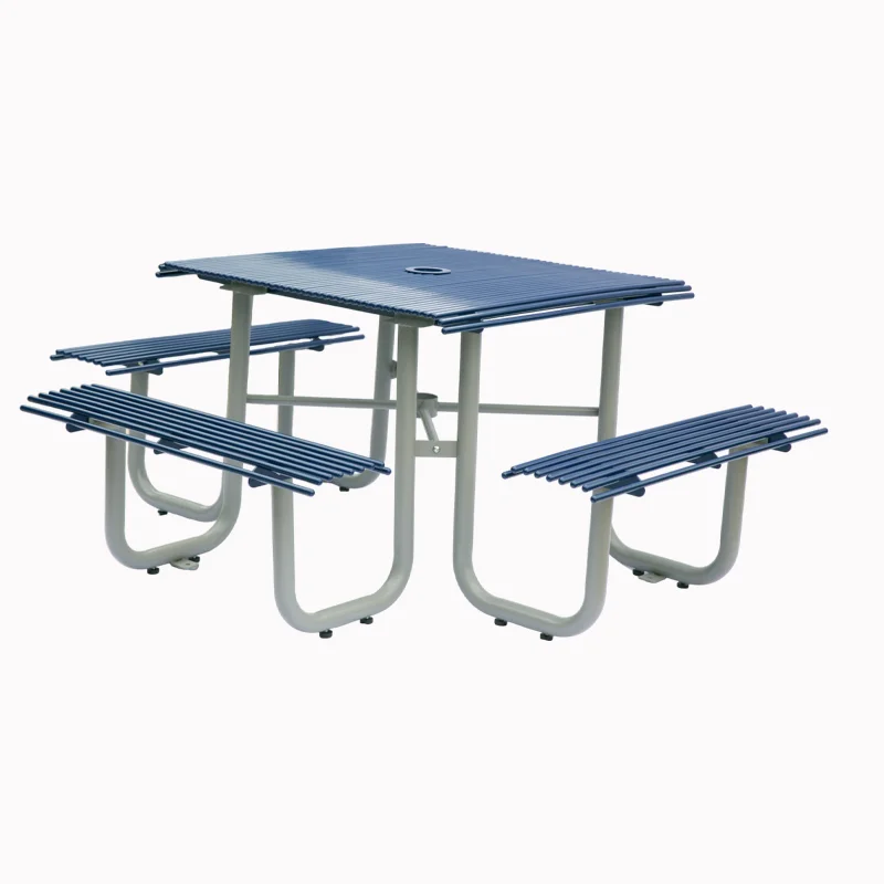 Outdoor Furniture Commercial square Tubular Steel Picnic Table with Bench  Restaurant Outside Park Metal Dining Table and Chair