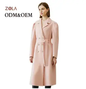 Women's Long Winter Coat in Pink with Double Breasted Woolen Fabric Double-Face Lamb Hair Accents