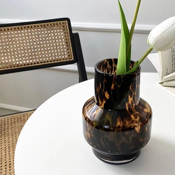Luxury Art Glass Vase in Wabi-Sabi Style Retro Leopard Print Vase for Water or Dried Flowers High Aesthetic Flower Vessel