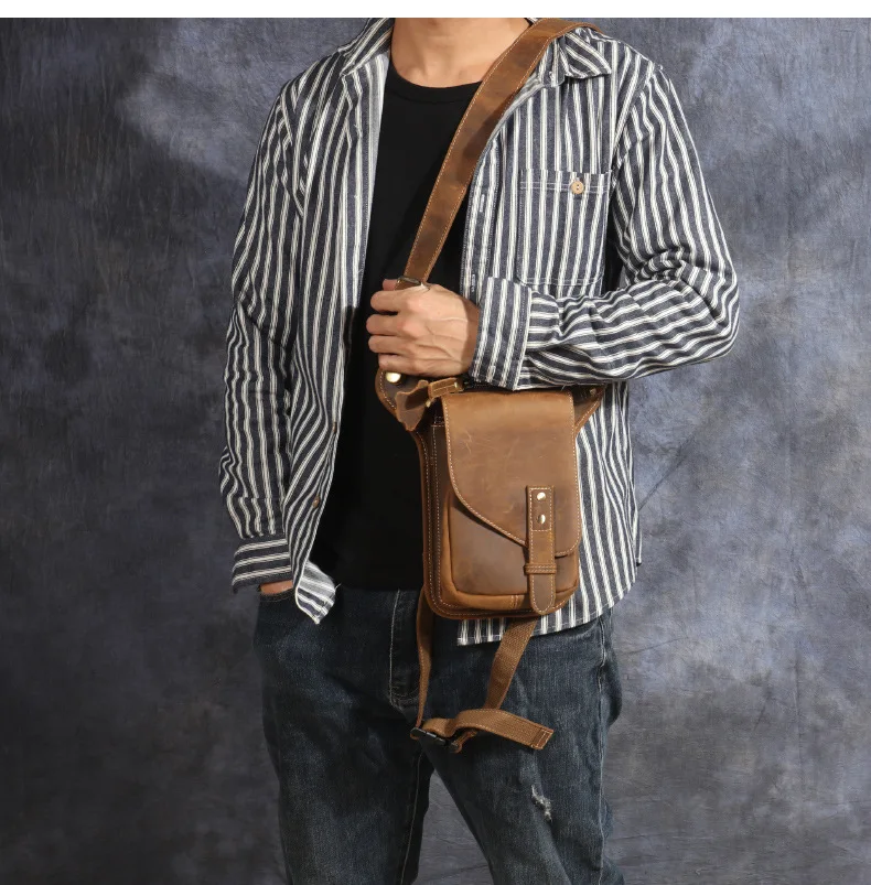 Vintage Genuine Crazy Horse Leather Waist Bag for Men Cowhide Motorcycle Crossbody Leg Saddlebags & Luggage