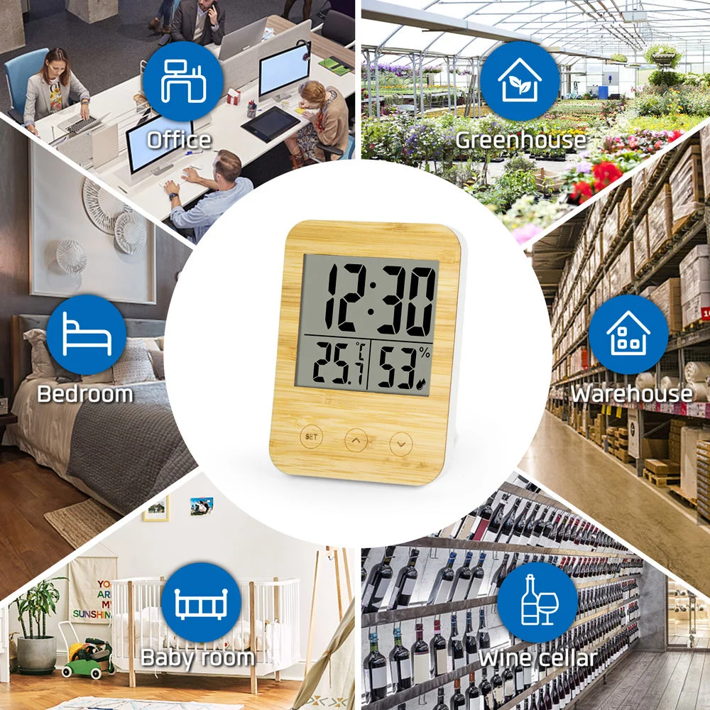 High Quality Bamboo Style Multi-function Table Thermometer Hygrometer Battery Bamboo Digital Alarm Clock
