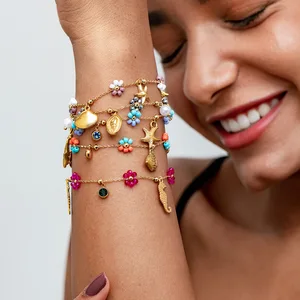 MW Wholesale Ocean Boho Bracelet: 18K Gold-Plated, Seahorse Conch Starfish & Colorful Stone Charm