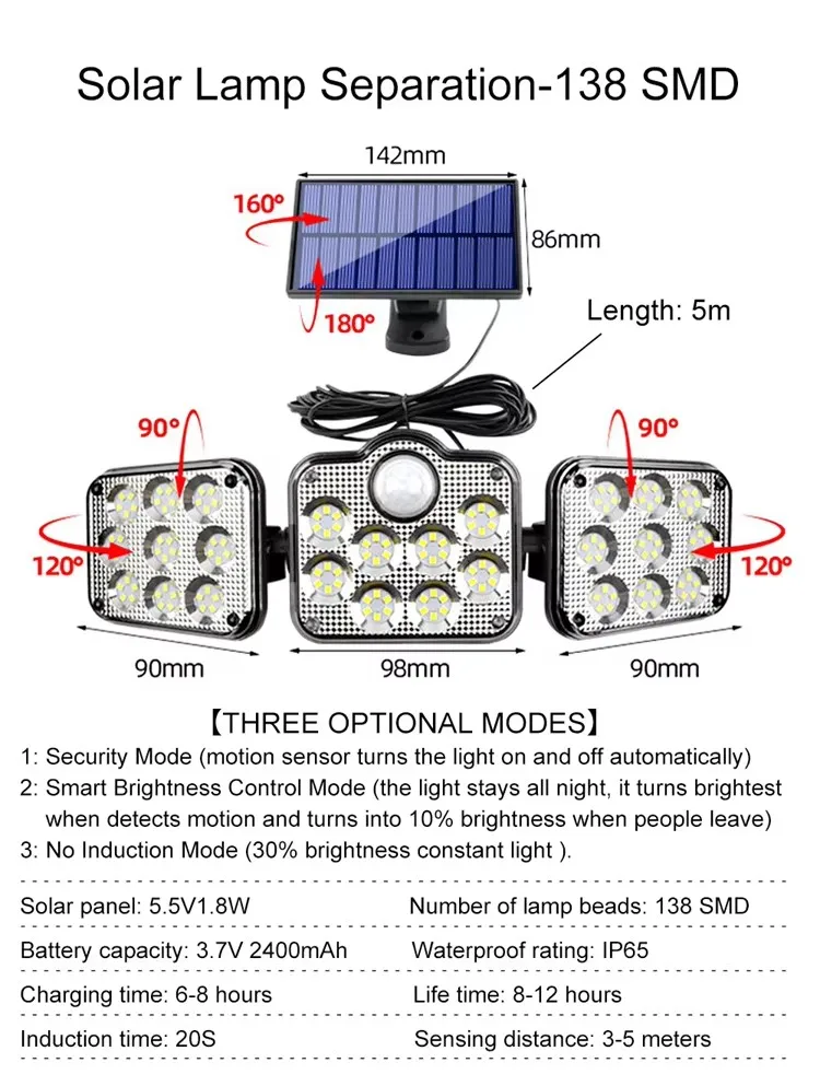 Solar ao ar livre 3 Cabeça Led SMD 138 Luz Inteligente Solar Jardim Luzes Ip65 Impermeável Solar Lâmpada De Parede