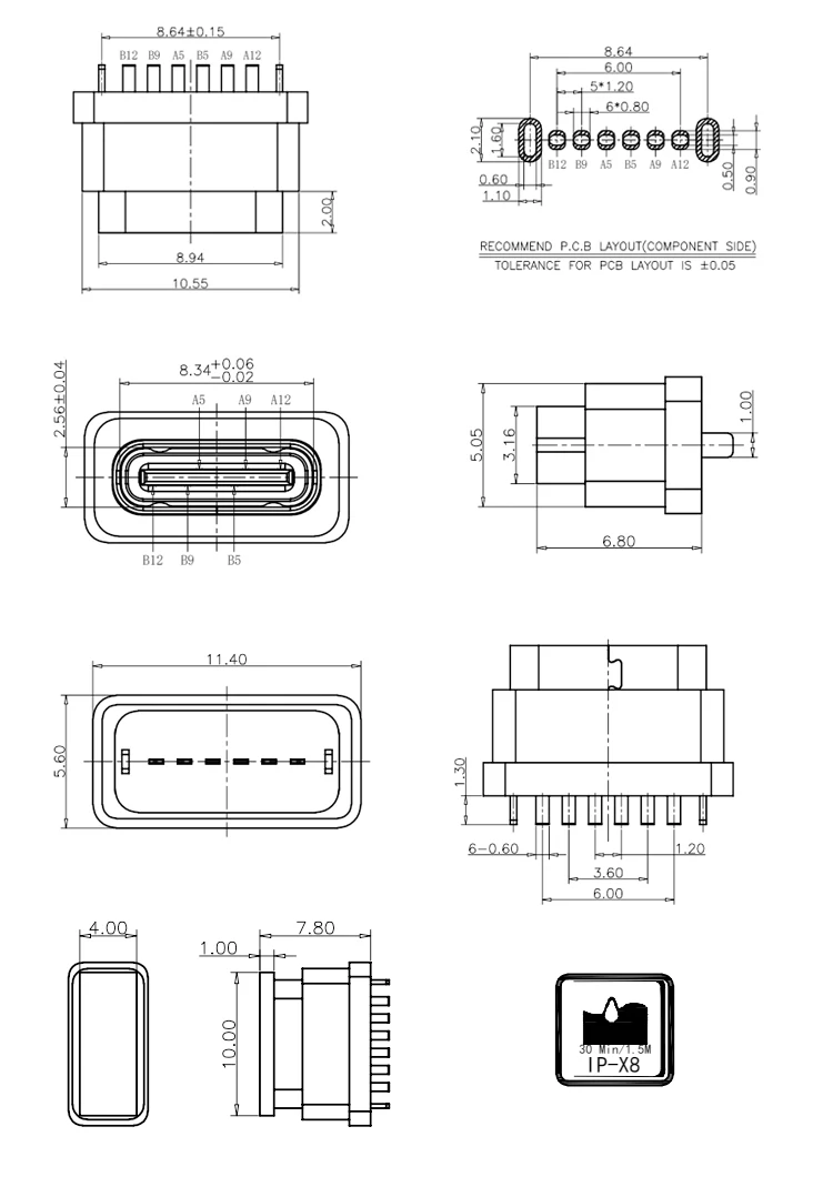 Vertical DIP Type IP67 Waterproof USB C 6Pin Female Socket Connector
