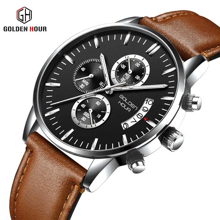GOLDEN HOUR GH125-L fashion Brown unisex quartz watch vive PU leather band 3 dials calender Concise outdoor watch company