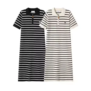 Summer Knitted Casual Loose Skirt New Polo Collar Slim Striped Dress for Women