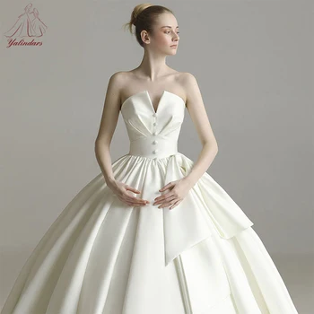 Custom Satin Beaded Strapless High Slit Roupa Vestido Largo De Mujer Wedding Dress Gown Haute Couture Tailed Tube Dress White