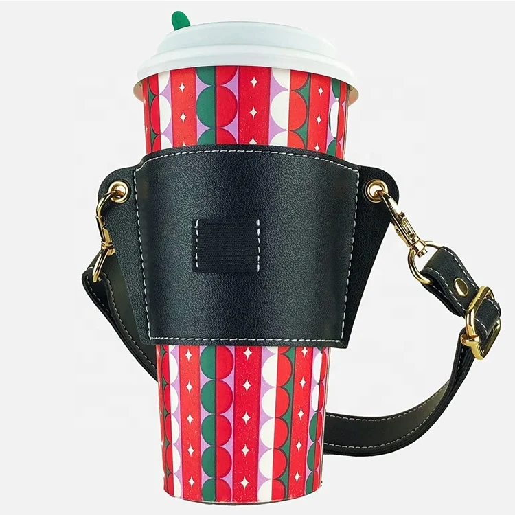 Pu Leather Portable Cup Holder, Pu Leather Cup Sleeve Coffee Cup Holder  With Shoulder Straps, Reusable Leather Coffee Sleeve