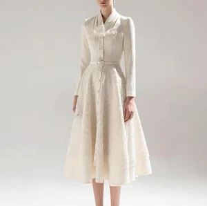 ZYHT 70140 Wholesale Button Front New Winter Lace Dresses a Line Long Sleeve Party Midi White Dresses Women Lady Elegant