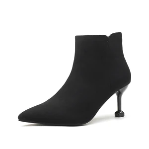 Black Suede Pointed Toe Stiletto Heel Ankle Boots, Back Zipper Winter & Autumn Boots