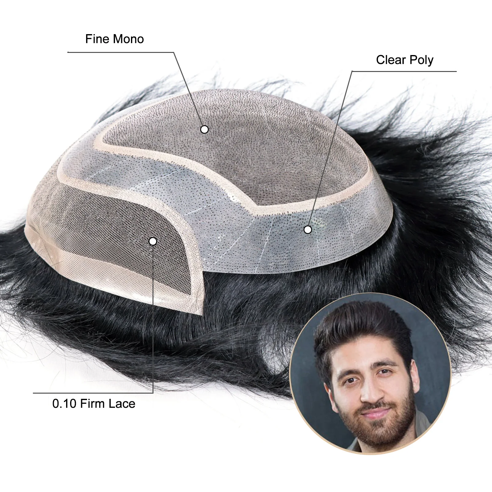 Mens Ultra Thin Skin Poly PU Toupee Wig - 0.04-0.06mm Base, Human Hair, 6 Inches