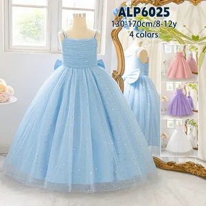 Floral Embroidery Satin Dress for Girls O-Neck Bow Collar Formal Party Wedding Season Kids Clothing for Summer Kids Party Dress