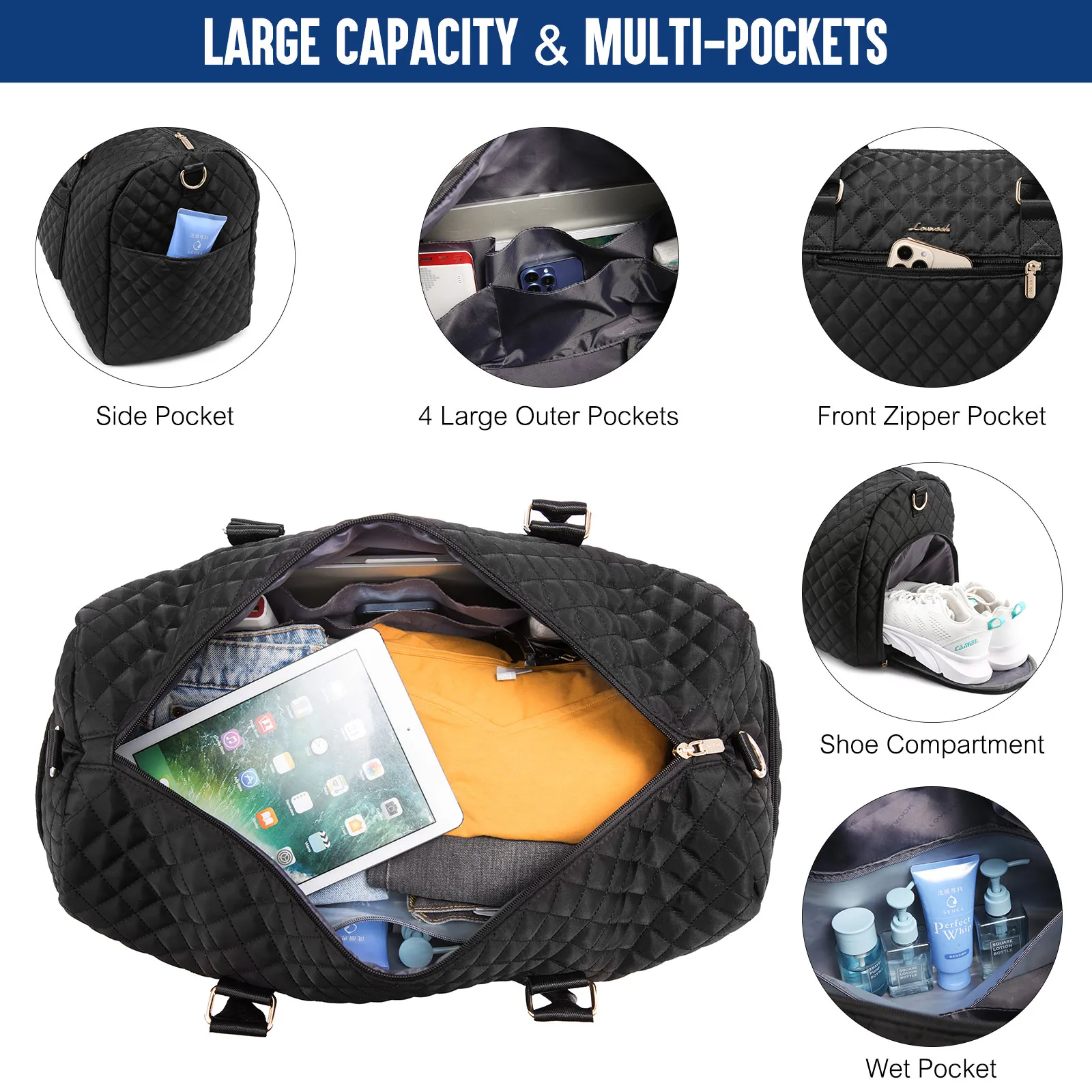 LOVEVOOK 2022 Luxury Designer Quilted Weekender Duffel Bags Waterproof Custom Duffle Bag Canvas Luggage Travel Bag for Women
