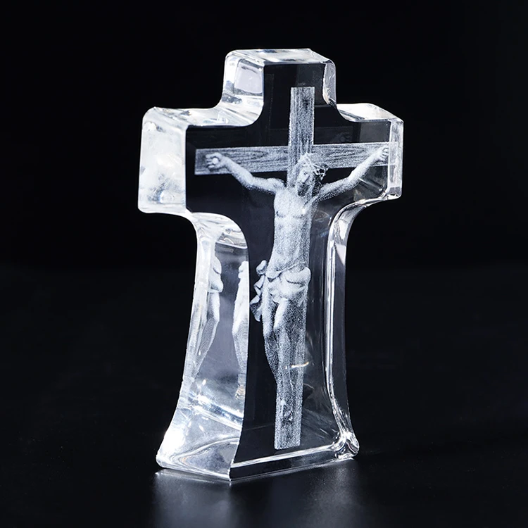 Unique Design 3D Laser Jesus Christ Cross Shaped Crystal Religion Souvenir Gift factory