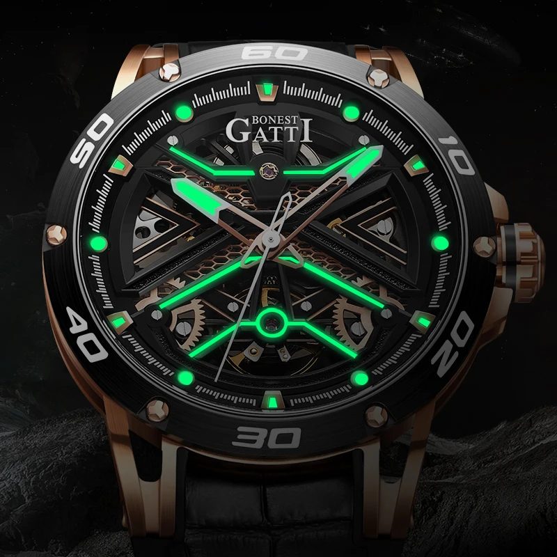 Bonest Gatti New Design  Genuine Leather Luxury Automatic Mechanical Watch Waterproof 5ATM Movement  Watch for Men BG4601