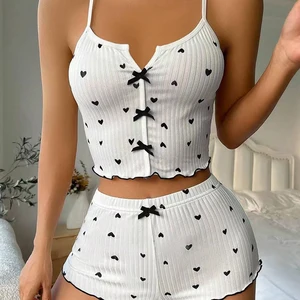 Comfortable Home Clothes Women's Strap Shorts Pajamas Soft Breathable V-neck Sexy Bow Printed Milk Silk Two Piece Sleepwear