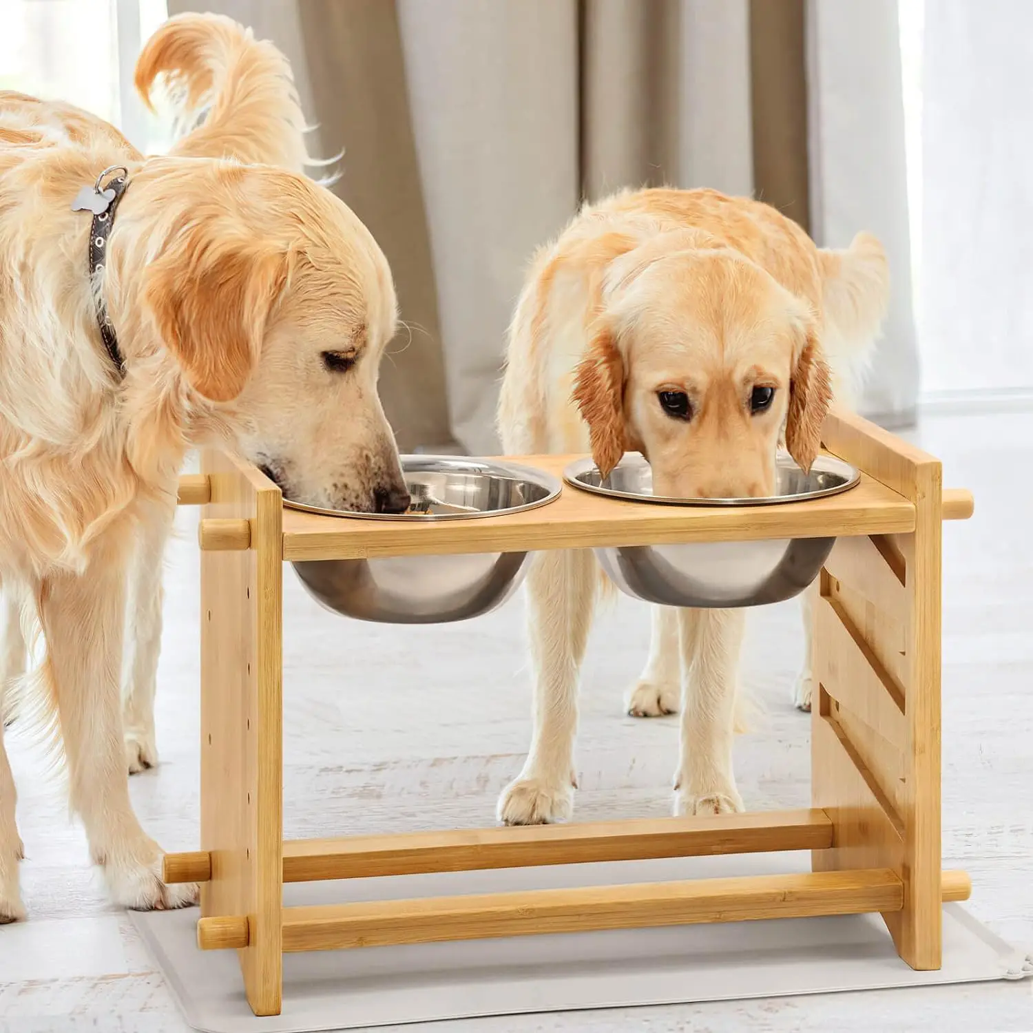 product adjustable bamboo pet feeder with 2 500ml stainless steel bowls anti slip elevated food stand for dogs-0