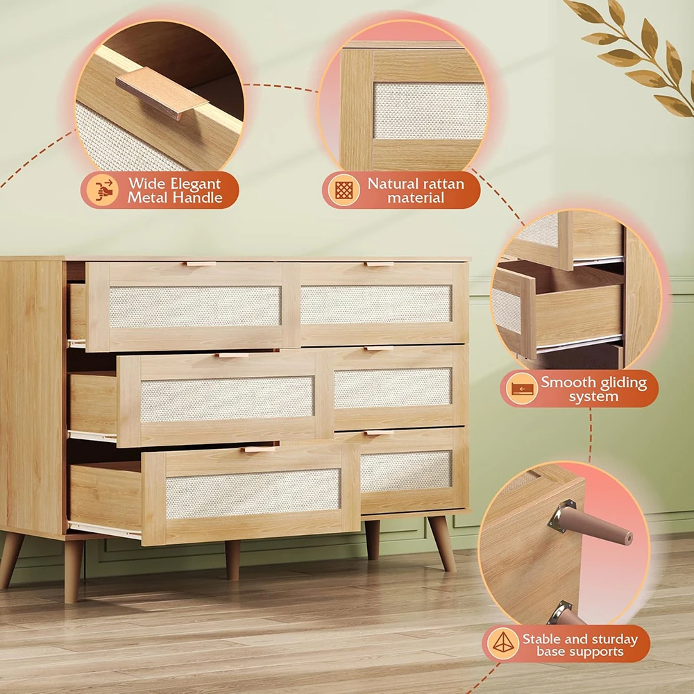 product nu deco mh25726 modern wood dresser 6 drawers 4724 wide gold metal handles tv stand 55 tv storage cabinet bedroom-7